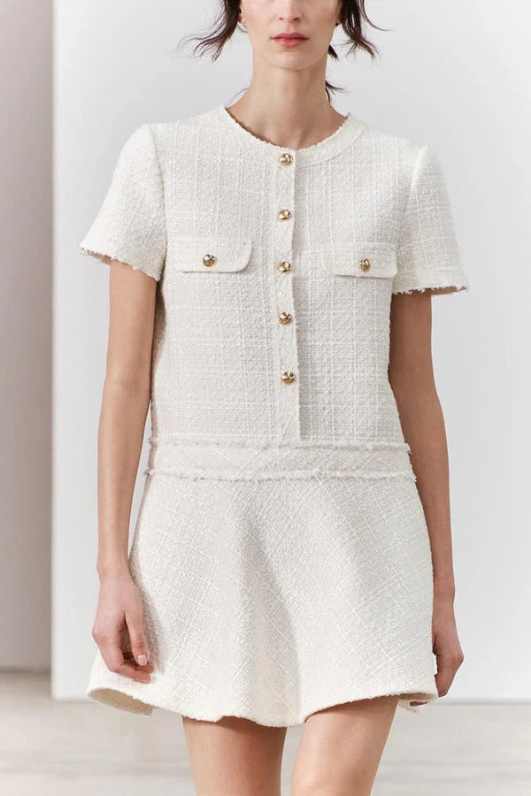 1960er London Girl Tweed Strukturiertes Minikleid mit goldenen Knöpfen und kurzen Ärmeln