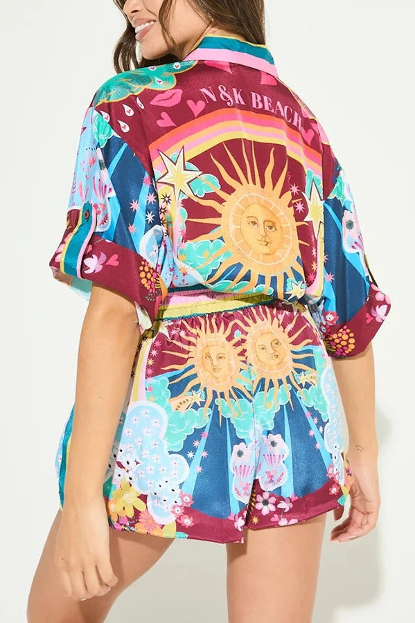 Ensemble très attendu en mélange de lin, chemise ample à boutons et imprimé unique, et short à poches à taille élastique