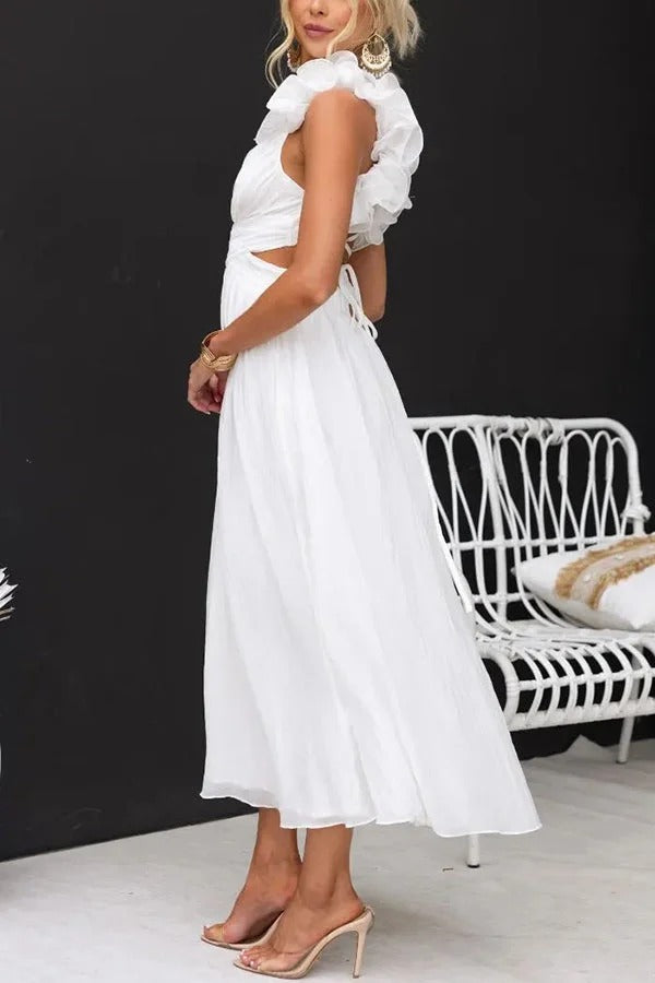 Robe longue de luxe à volants floraux et lacets dans le dos avec taille élastique