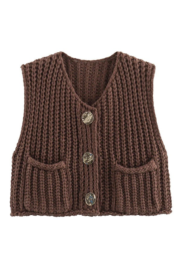 Einfarbige ärmellose Strickweste mit Tasche