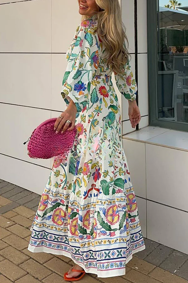 Maxikleid mit botanischem Blumendruck, V-Ausschnitt, Cut-out, Schnürung und elastischer Taille