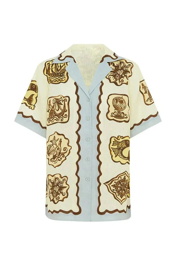 Lakeside Breeze – Oversize-Bluse aus Leinenmischung mit einzigartigem Druck und kurzen Ärmeln und Knöpfen