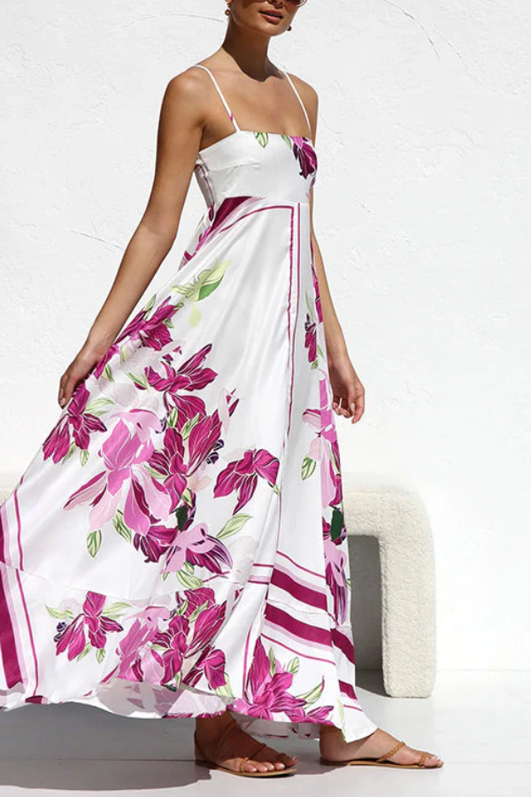 Robe longue trapèze à bretelles spaghetti et taille haute à imprimé floral