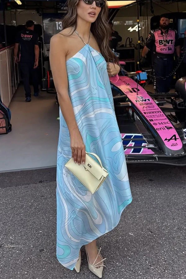 Elmhurst Satin Unique Print Chain Halter Draped Scarf Midi Dress