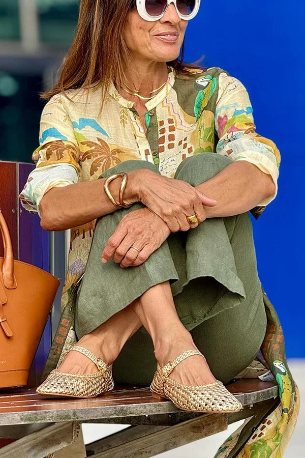 Cayla – Langärmliges Midikleid aus Leinenmischung mit einzigartigem Druck und Knöpfen