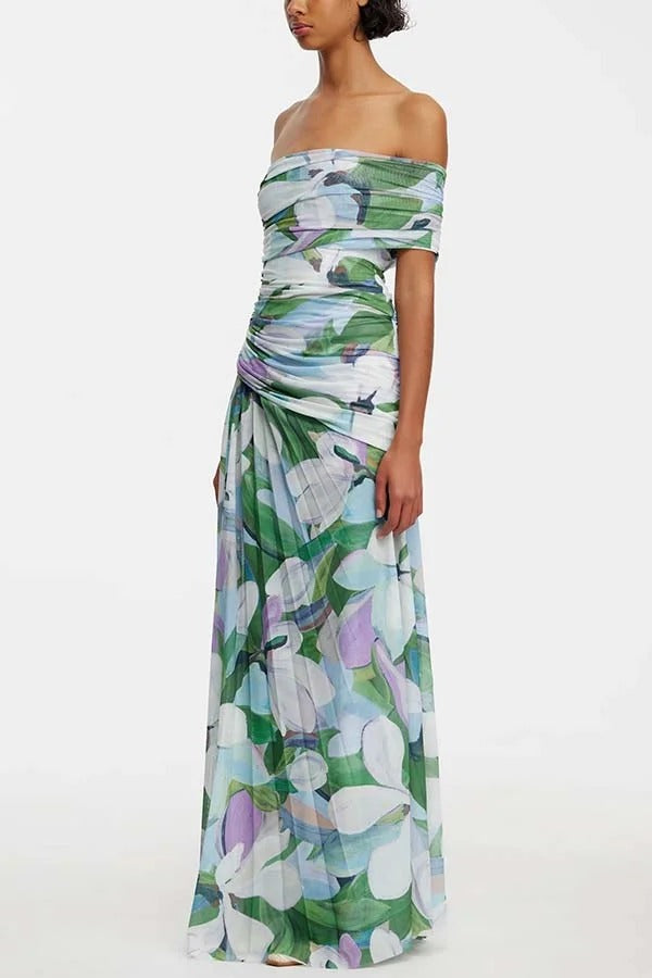 Sunshine and Wine Mesh Floral Print Off Shoulder Ruched Stretch Maxi Dress
