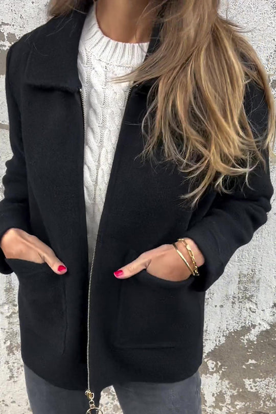 Veste décontractée à revers et poche zippée de couleur unie