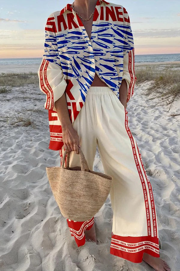 Einzigartiges Set mit Oversize-Hemd mit Ozean-Print und Hose mit elastischer Taille und Taschen