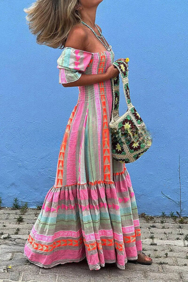 Musikfestival Geometrisches Farbblock-Boho-Maxikleid mit gesmokten Taschen