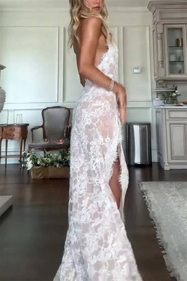 Cheongsam Style Lace Mandarin Halter Neck Backless Slit Maxi Dress