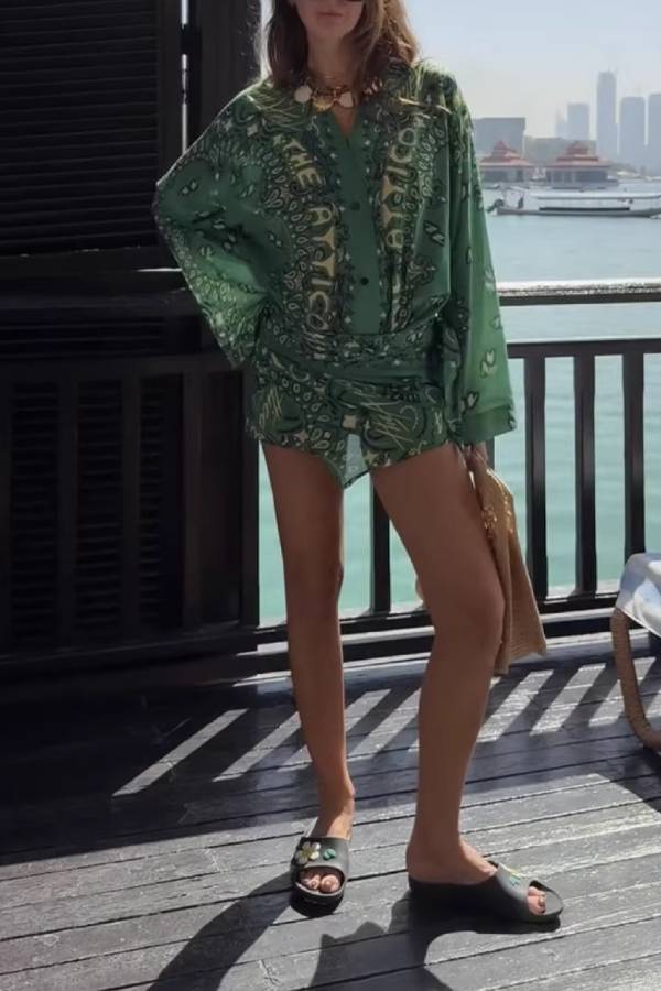 Paisley Print Waist-Cinched Shirt Dress