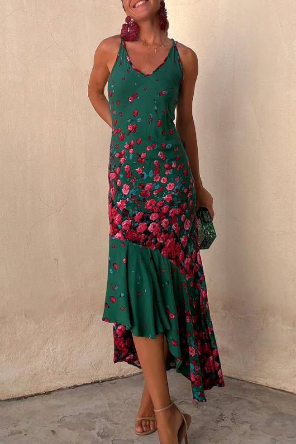 Robe longue extensible à lacets et imprimé fleurs tombantes dans le dos
