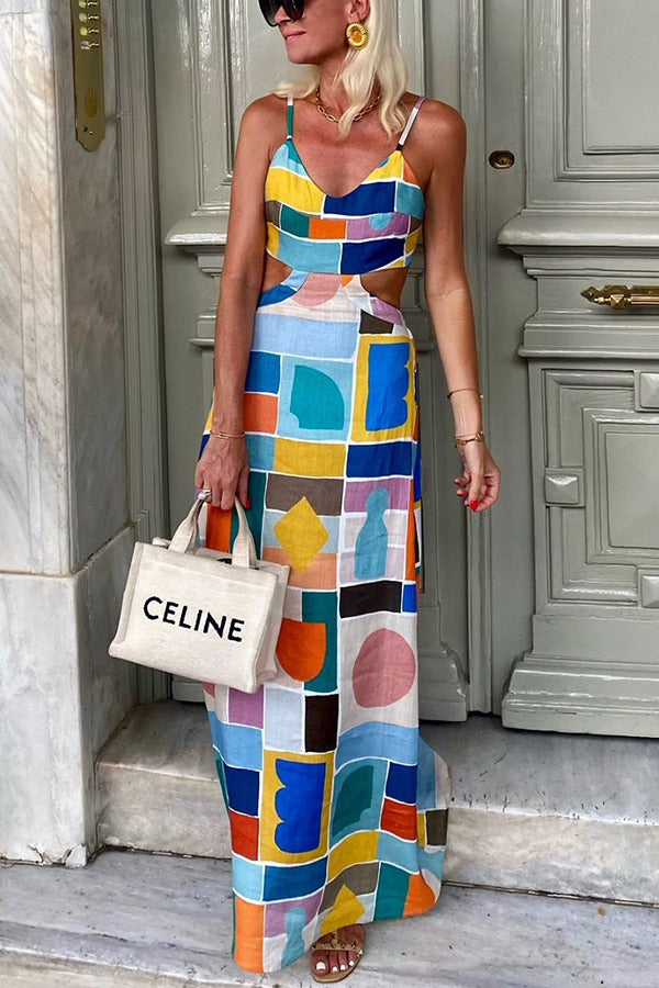 Alma – Maxikleid aus Leinenmischung mit einzigartigem, farbenfrohem Print, Cut-out auf der Rückseite und Bindeband