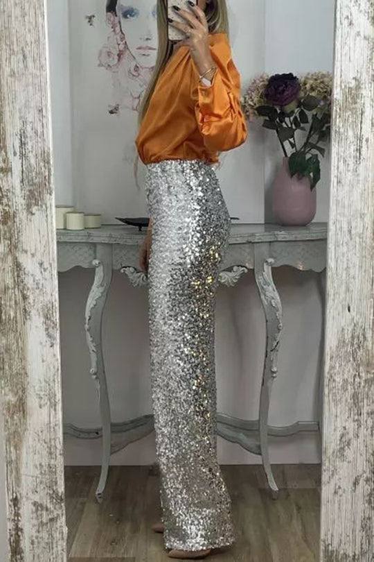 Glitzernde Glamour-Paillettenhose mit hohem Bund und weitem Bein