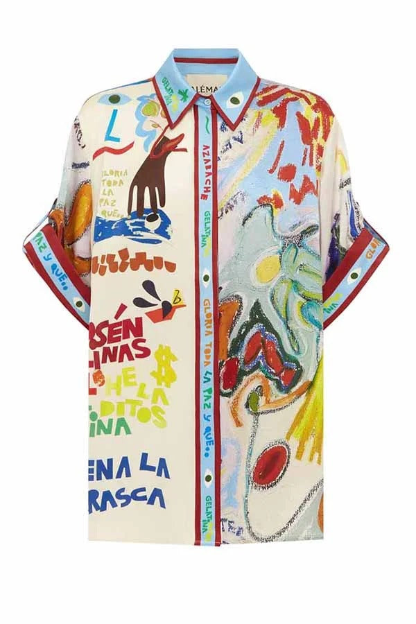 Raina Satin Set mit einzigartigem Print, kurzärmeligem, lockerem Hemd und Hosen mit elastischer Taille und Taschen