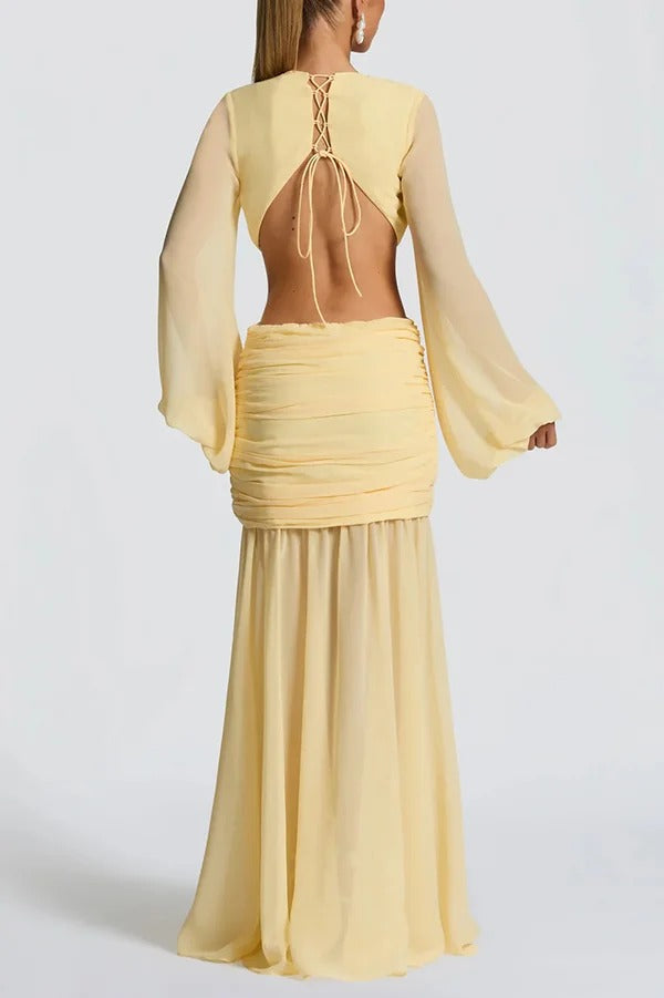 Deep Memories Chiffon Balloon Sleeve Cutout Ruched Drape Maxi Dress