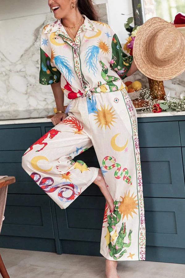Bohemian Beauty Set mit einzigartigem Print, kurzärmligem, lockerem Hemd und Hose mit elastischer Taille
