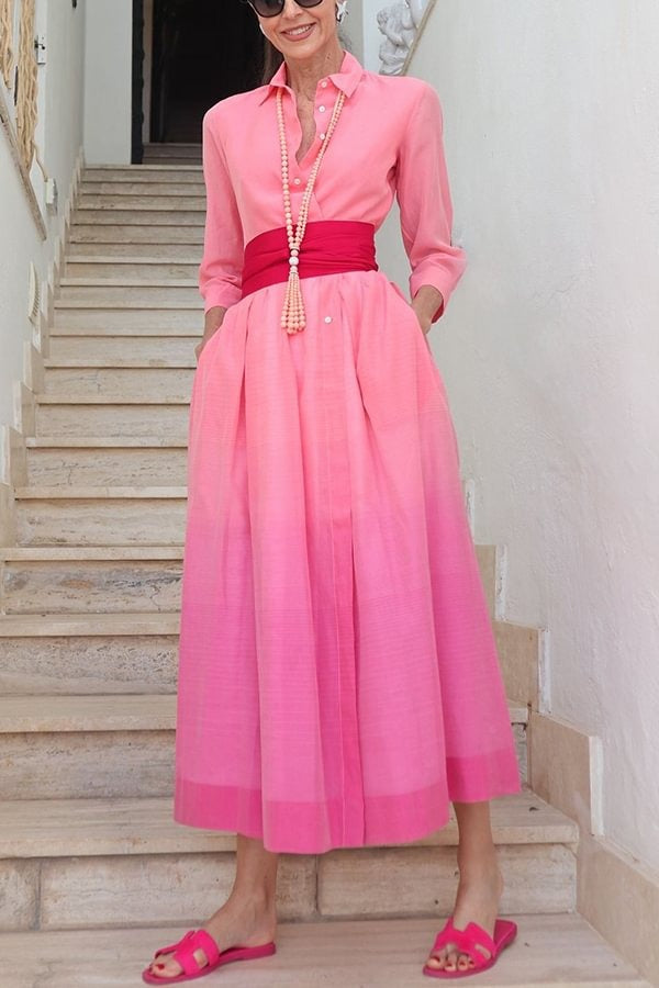 Sunset and City – Midikleid aus Leinenmischung mit Farbverlaufsdruck, breitem Gürtel und Taschen