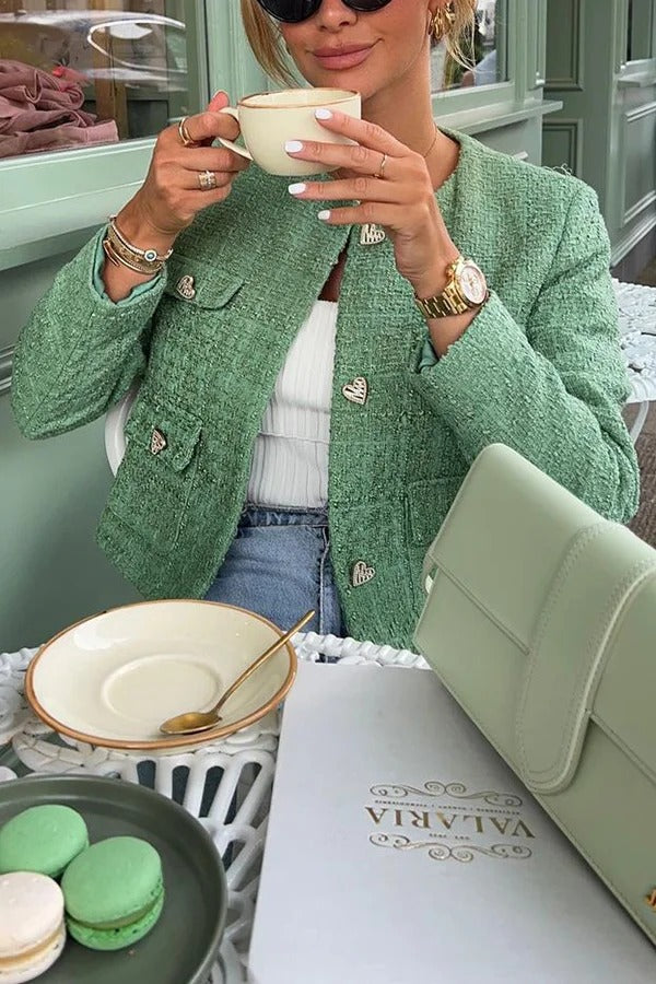 Stilvolle Tweed Love Button Langarm Casual Pocket Jacke