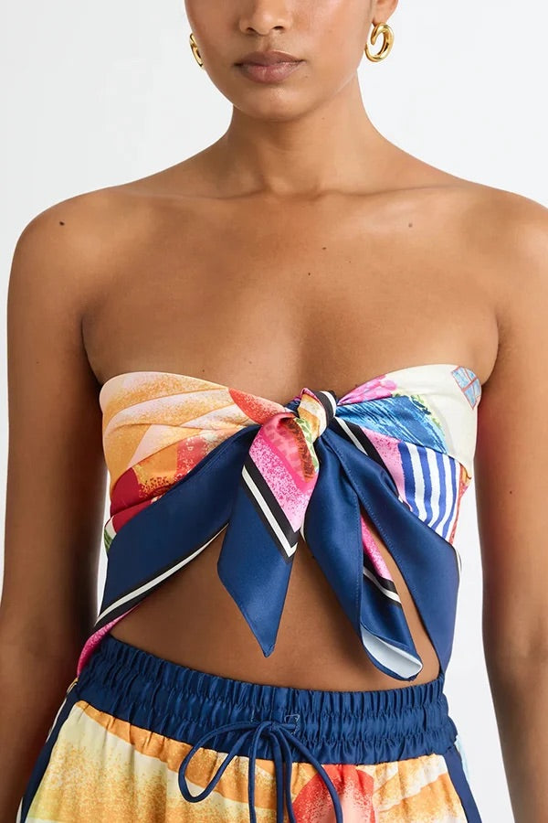 Ensemble haut foulard noué en satin imprimé unique et jupe longue ample à taille élastique