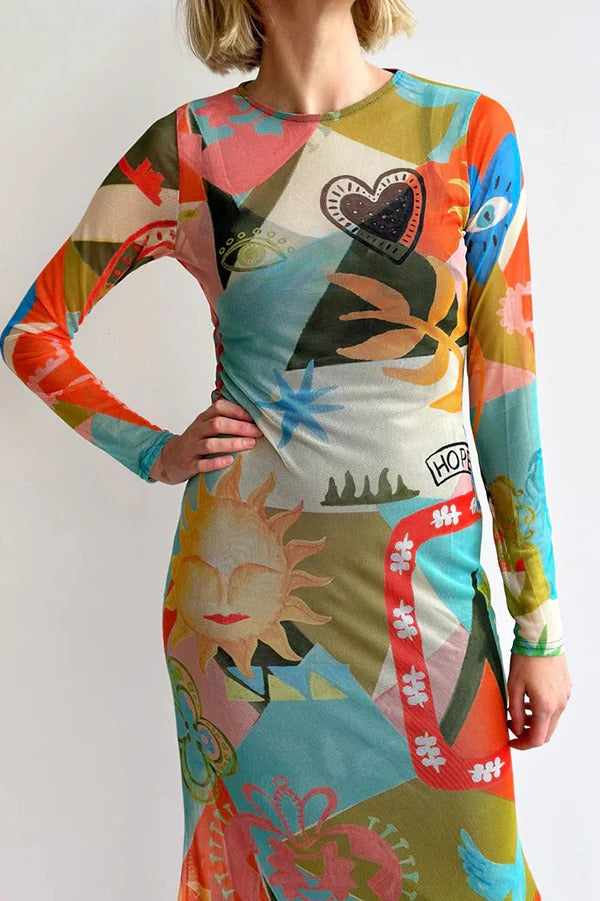 Sundazed Sommer Mesh Bunte Einzigartige Druck Langarm Stretch Maxi Kleid