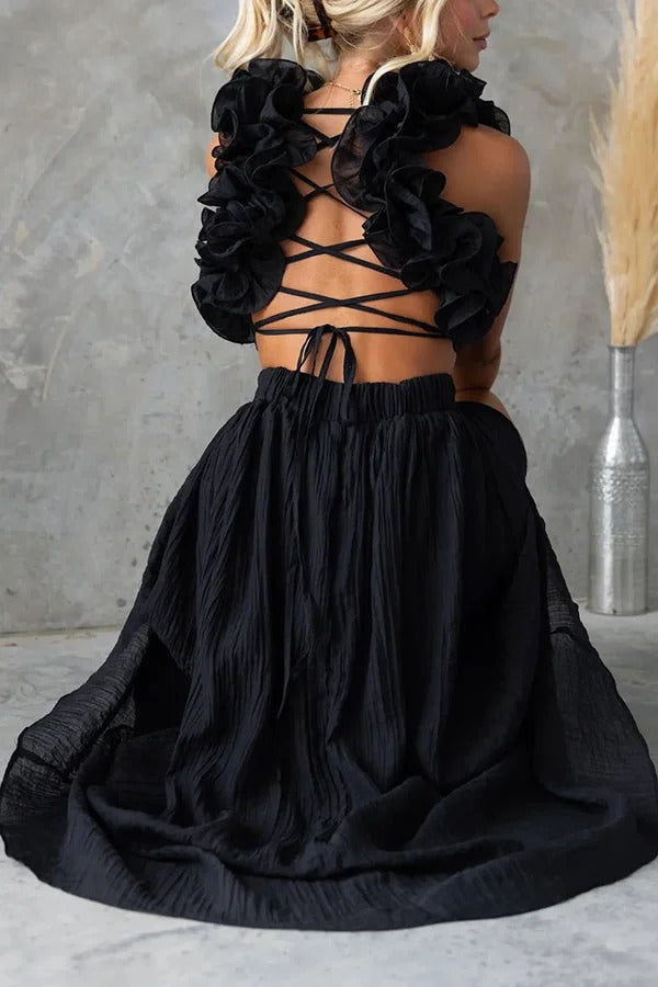 Robe longue de luxe à volants floraux et lacets dans le dos avec taille élastique