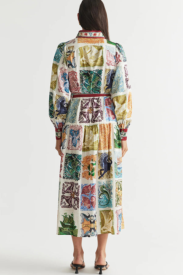 Wond A Land – Midikleid mit einzigartigem Print, Ballonärmeln, Gürtel und Taschen