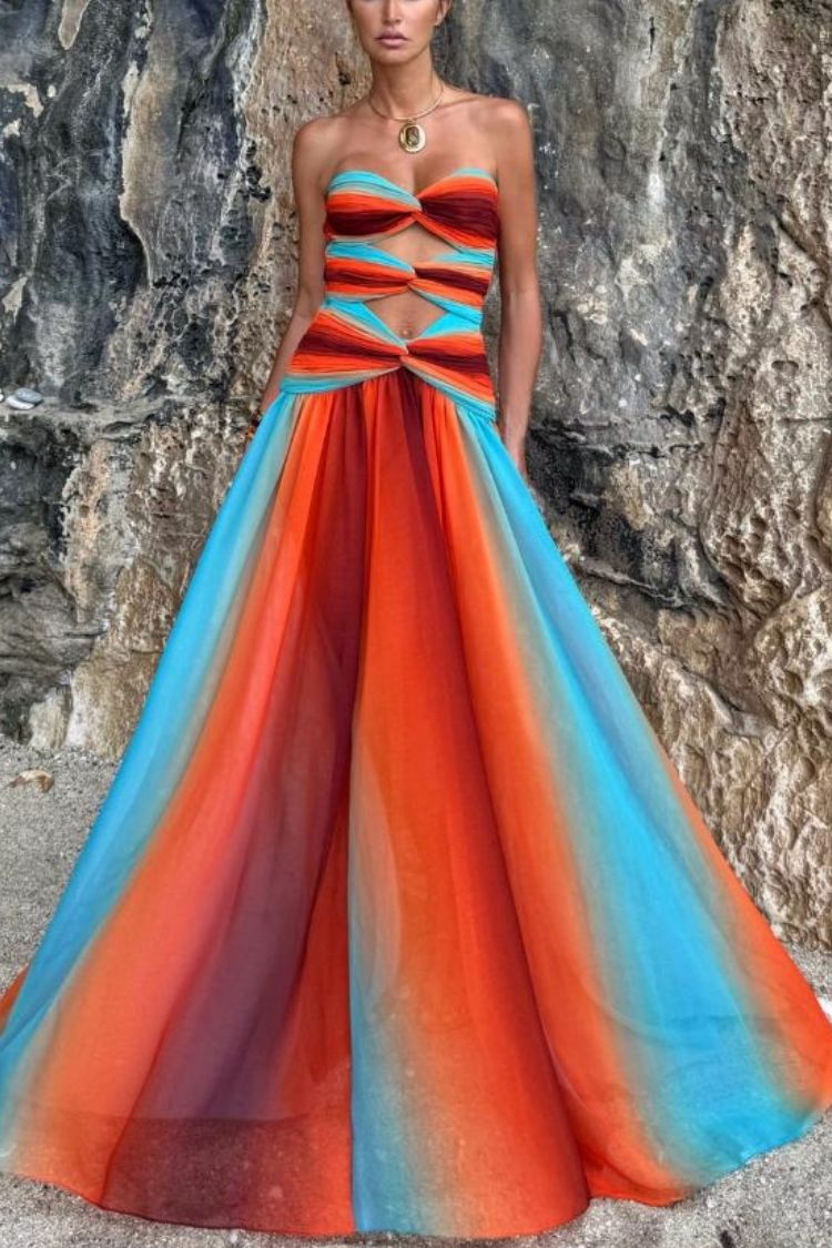 Sardinia Sunset – Schulterfreies Urlaubs-Maxikleid mit Netzstoff und Twist-Ausschnitt