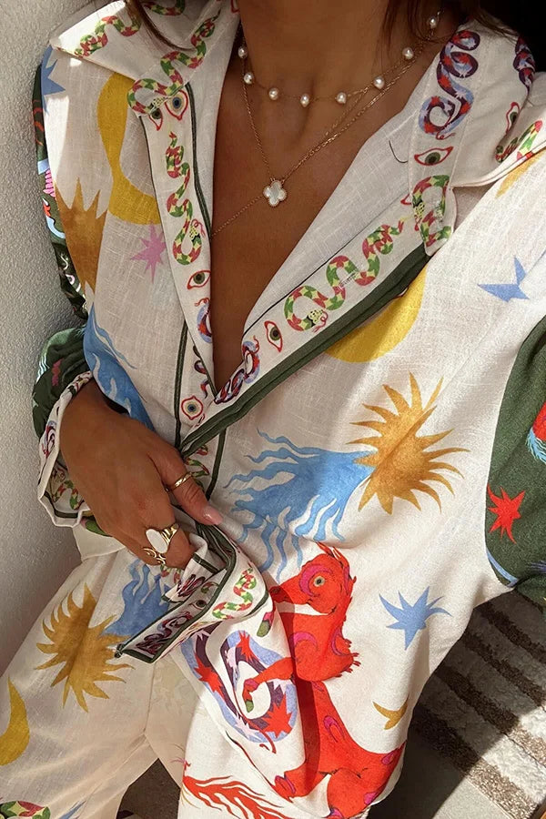 Bohemian Beauty Set mit einzigartigem Print, langärmligem, lockerem Hemd und Hose mit elastischer Taille