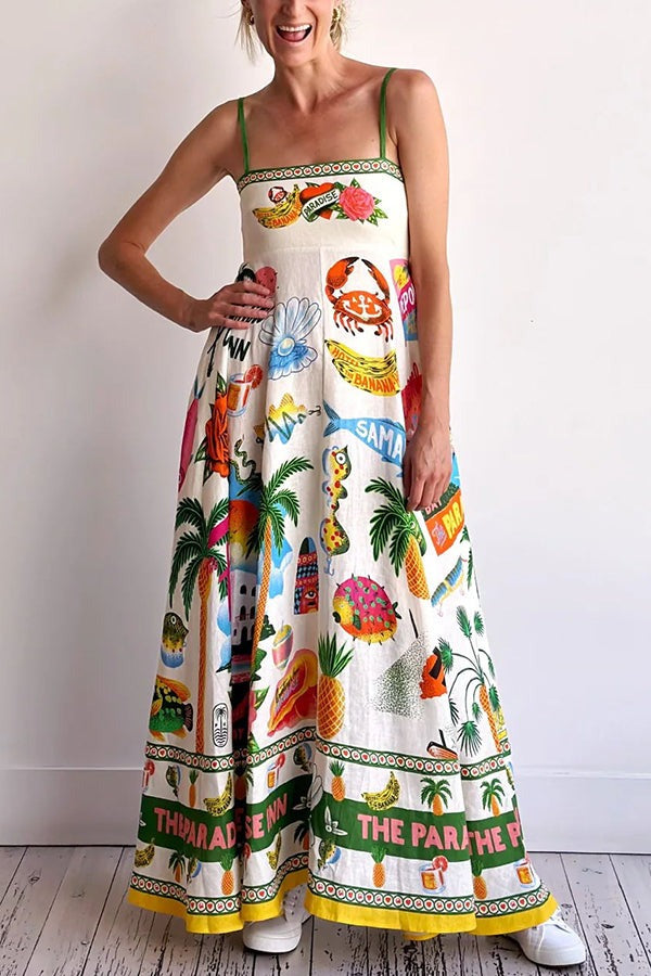 Holiday Paradise Maxikleid aus Leinenmischung mit einzigartigem Druck und gesmokten Gesäßtaschen