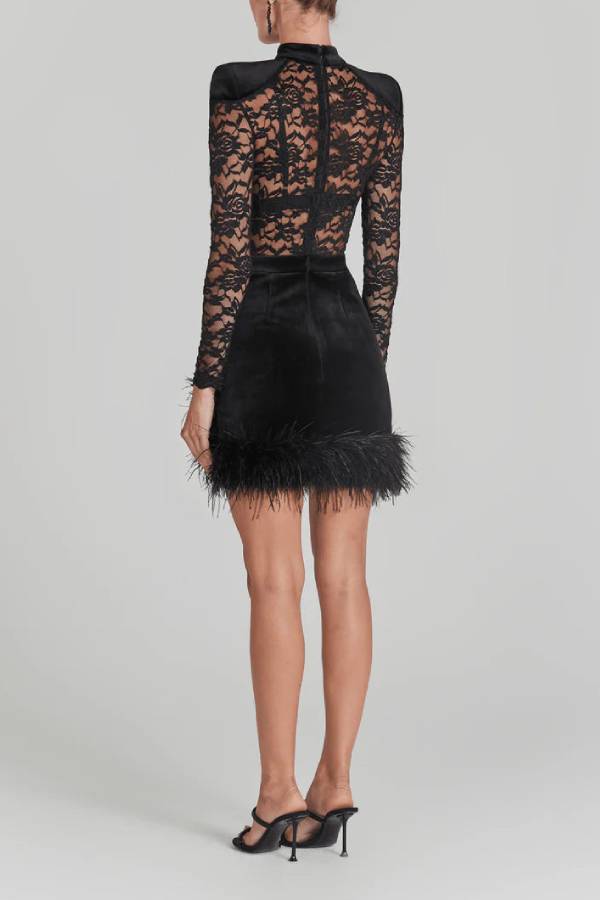 Freya – Gerüschtes Stretch-Minikleid aus Samt mit floraler Spitze und Patchwork und Federbesatz