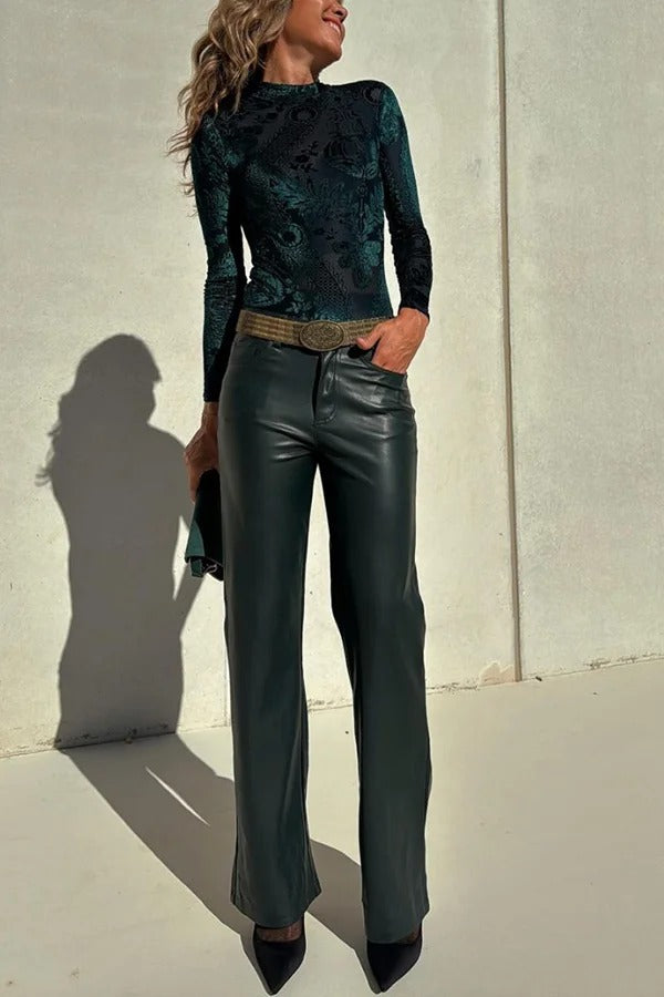 Pantalon droit extensible élégant en similicuir avec poches