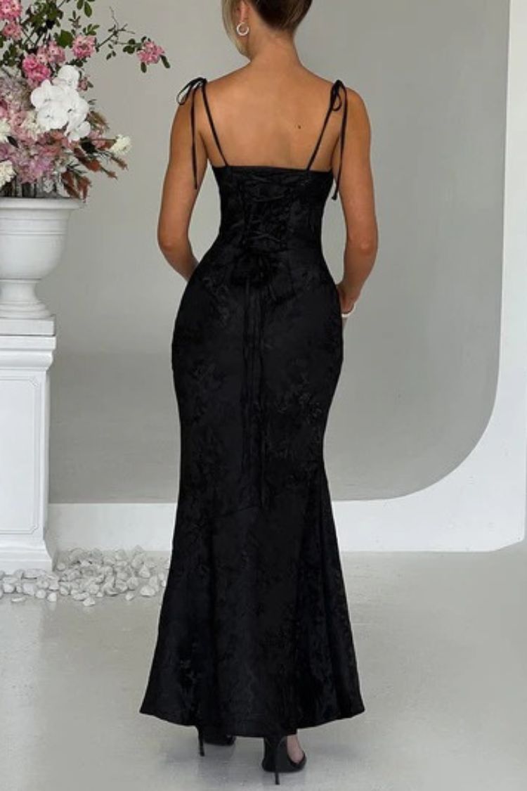 Jacquard Fabric Elegant Suspender Tie Slim Fishtail Maxi Dress