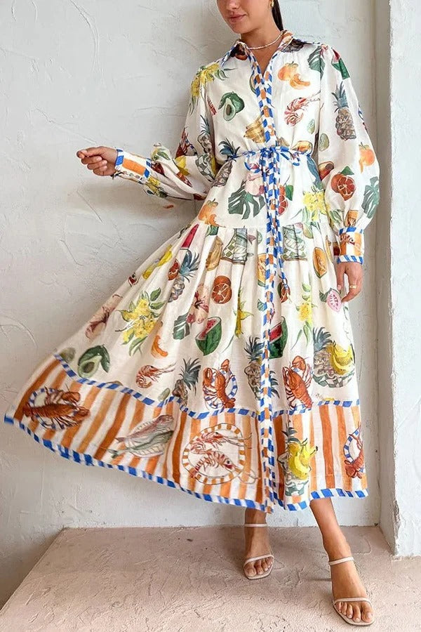 Einreihiges Kleid mit Graffiti-Print und Bindegürtel