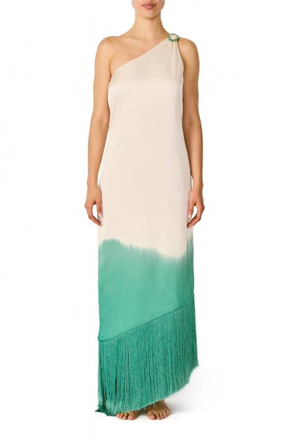 Maxikleid mit Rüschen, One-Shoulder-Träger und Quastenbesatz im lebhaften Ombré-Print