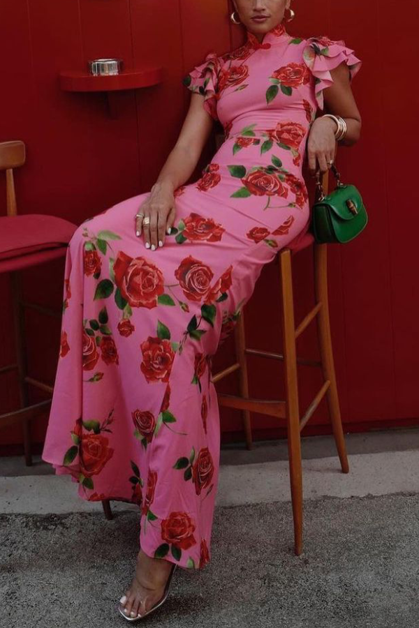 Robe longue extensible à manches évasées et à imprimé floral rose style cheongsam