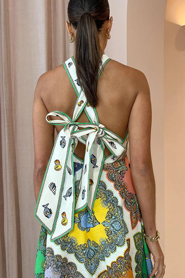 Ocean Legend – Neckholder-Midikleid aus Leinenmischung mit Meerjungfrauen-Print und Bindeband