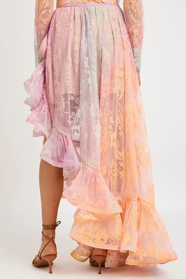 Tesley Lace Gradient Print Elastic Waist Irregular Ruffles Maxi Skirt