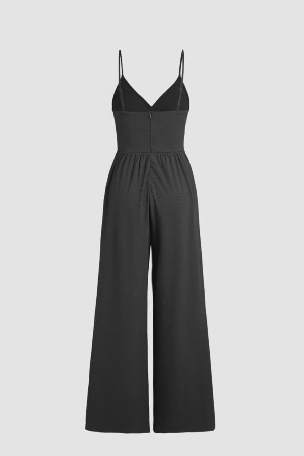 Schwarzer sexy Camisole-Jumpsuit mit V-Ausschnitt, hoher Taille und weitem Bein