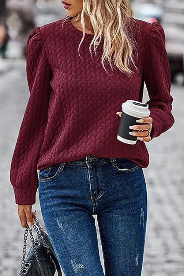 Plissiertes Rundhals-Sweatshirt mit Puffärmeln