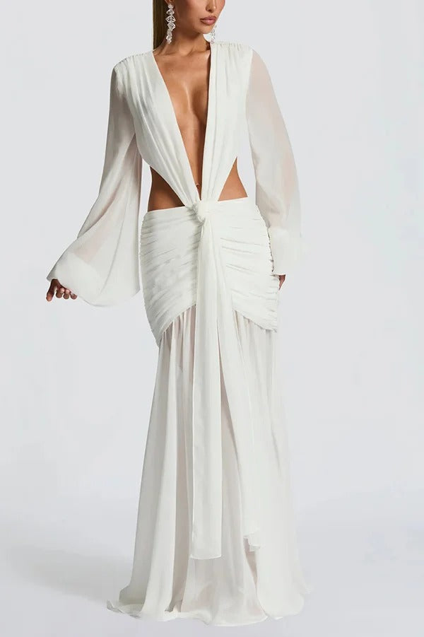Deep Memories Chiffon Balloon Sleeve Cutout Ruched Drape Maxi Dress