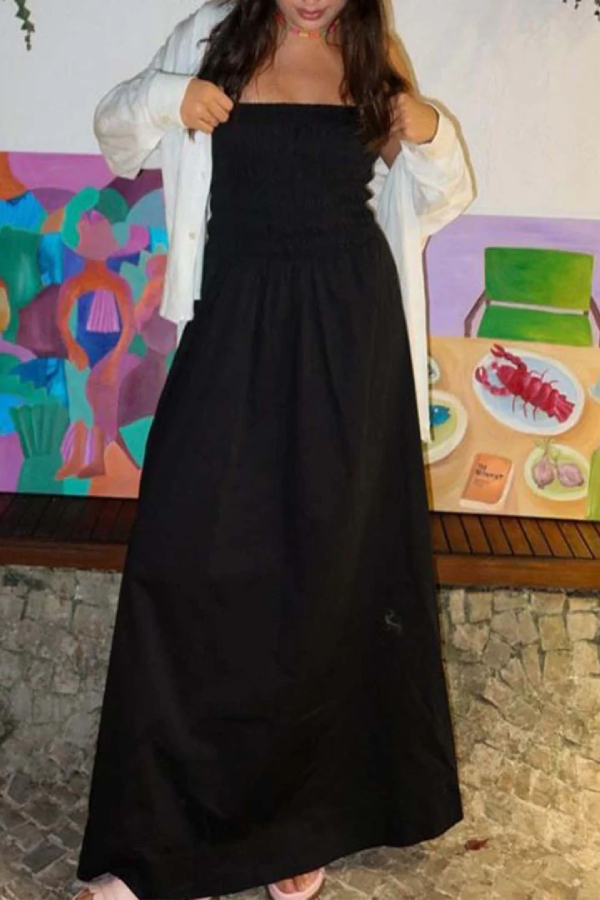 Robe longue plissée élastique sans manches à épaules dénudées de style rétro