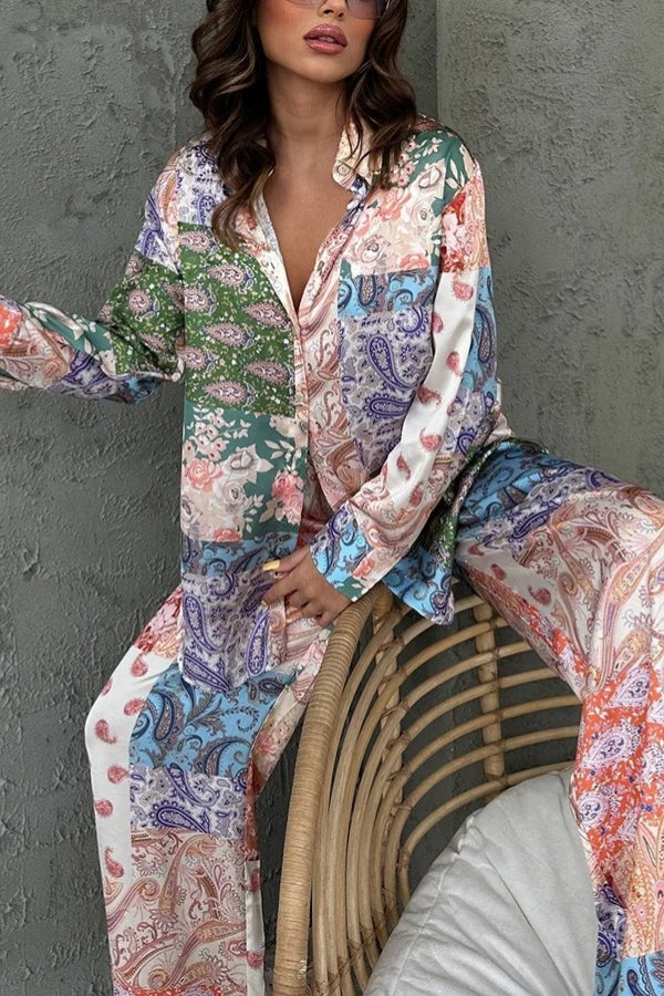 Einzigartiges Set aus Langarmhemd mit ethnischem Aufdruck und Hose mit elastischer Taille