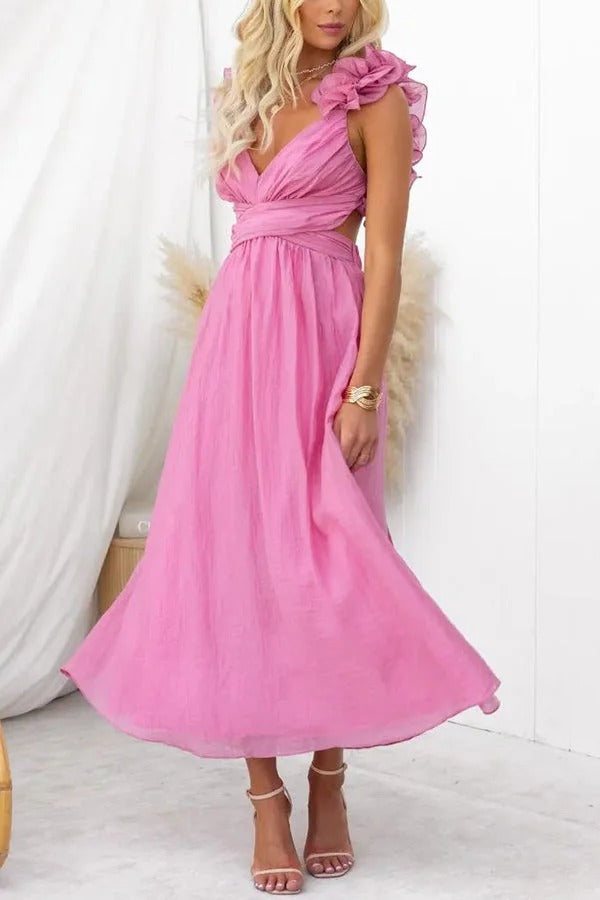 Robe longue de luxe à volants floraux et lacets dans le dos avec taille élastique