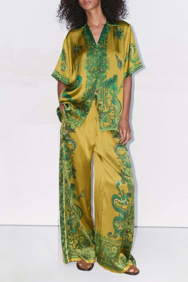 Exquisite Satinhose mit einzigartigem Blumendruck und weitem Bein