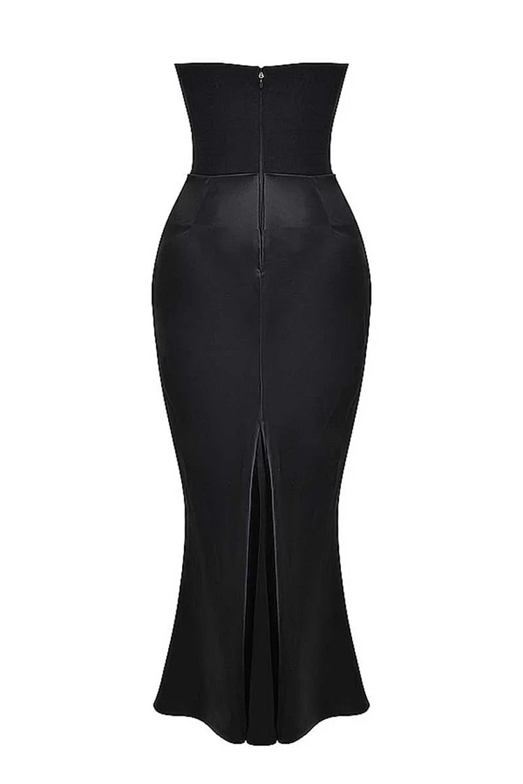 Elegant Strapless Patchwork Formal Party Fishtail Maxi Dresses-Black