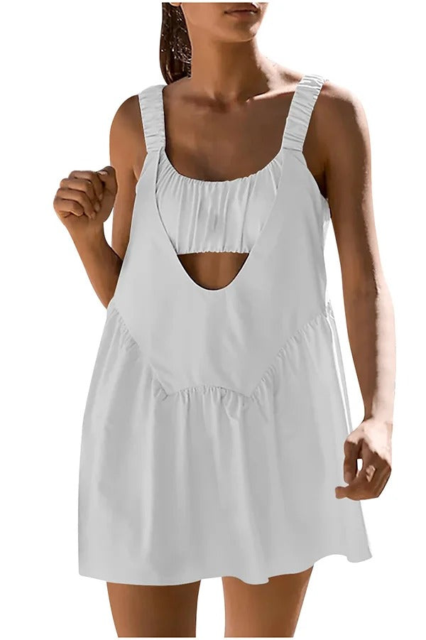 Sommerliches, sportliches, ärmelloses, rückenfreies Minikleid aus Leinenmischung