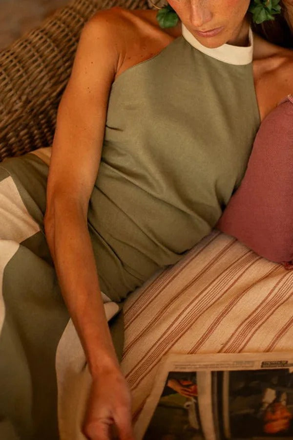 Ensemble débardeur dos nu en lin mélangé de style intemporel et jupe longue colorblock