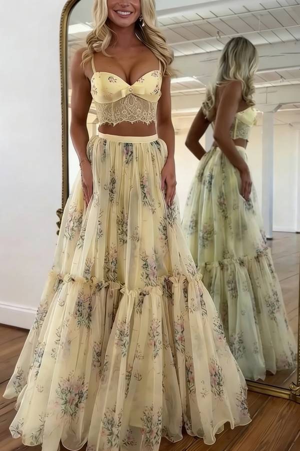 Vita Floral Satin Bow Lace Back Lace-up Crop Tank and Tulle High Rise A-line Maxi Skirt Set