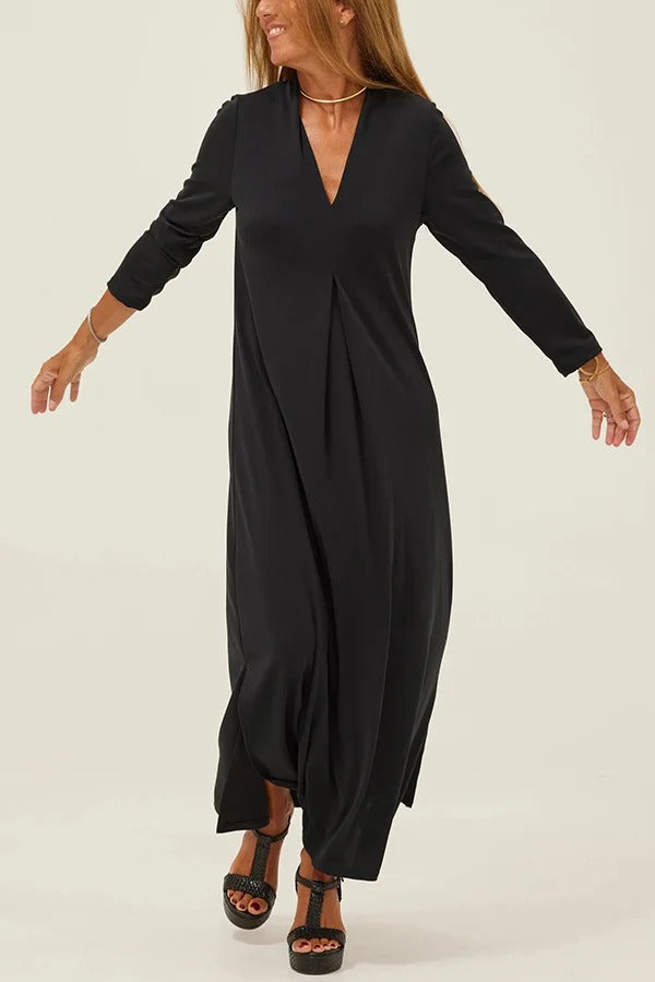 Robe longue décontractée fendue à col en V de couleur unie